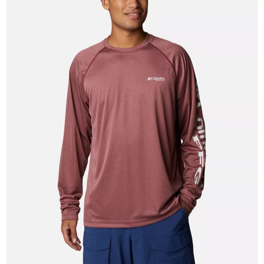 Columbia Sale Men's PFG Terminal Tackle Heather Long Sleeve Shirt Red Jasper Heather/White Logo