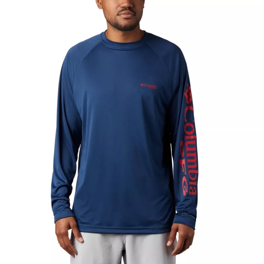 Columbia Sale Men's PFG Terminal Tackle Long Sleeve Shirt Carbon/Red Spark Logo