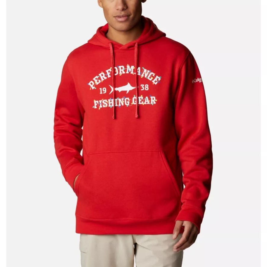 Columbia Sale Men's PFG University Hoodie Red Spark/White Holiday