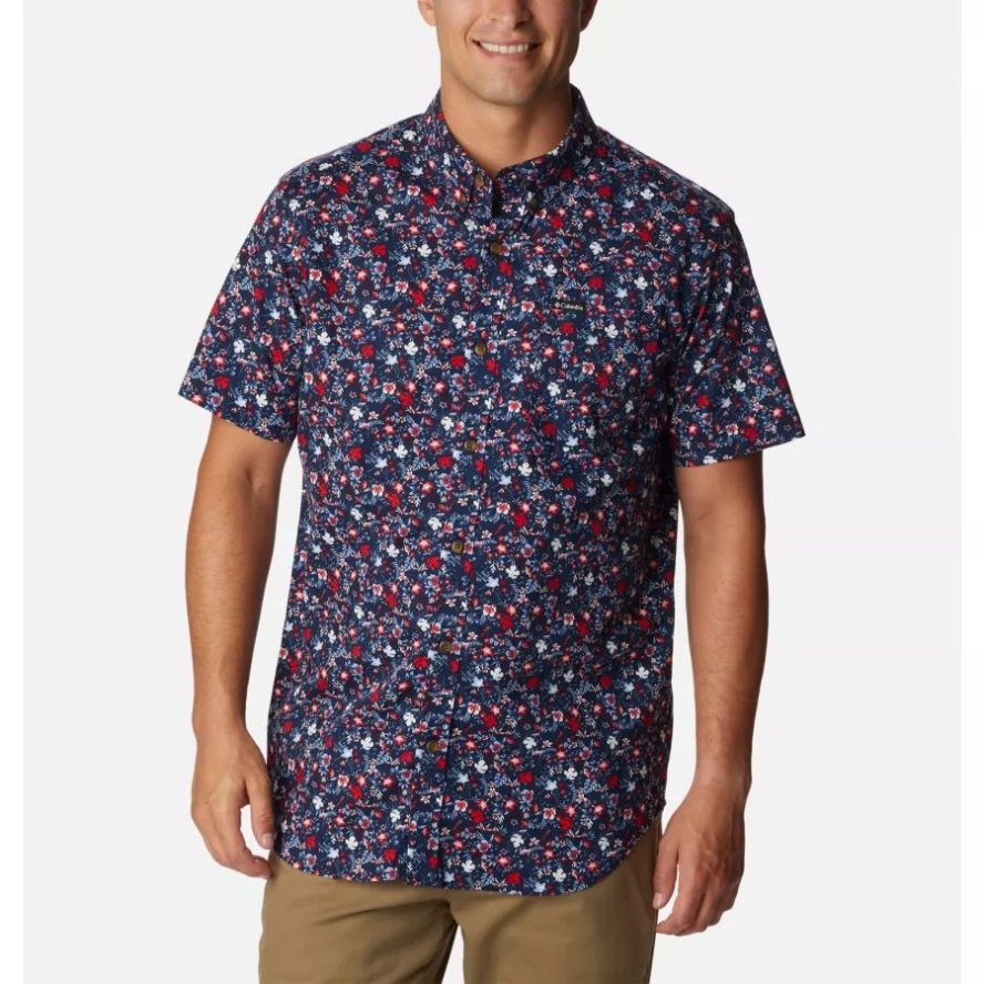 Columbia Sale Men's Rapid Rivers Printed Short Sleeve Shirt Collegiate Navy Mini-Biscus