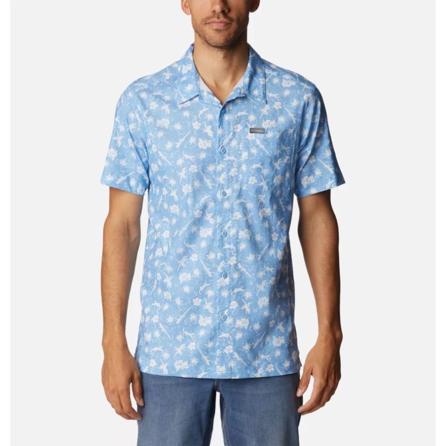 Columbia Sale Men's Sage Springs Linen Short Sleeve Shirt Jet Stream Desert Daze