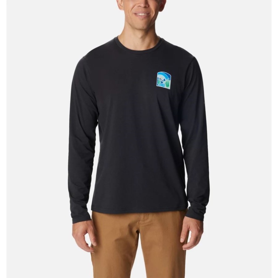 Columbia Sale Men's Sun Trek EU Long Sleeve Graphic T-Shirt Black/Suntrek Hills Chest