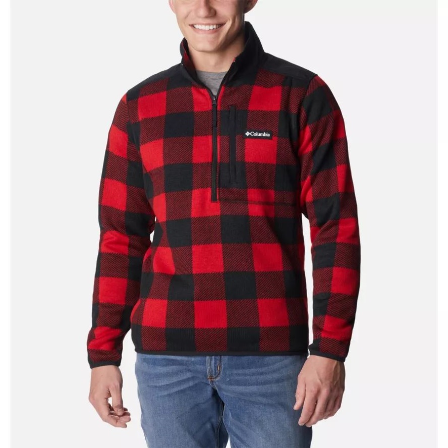 Columbia Sale Men's Sweater Weather II Half Zip Printed Fleece Mountain Red Check Print