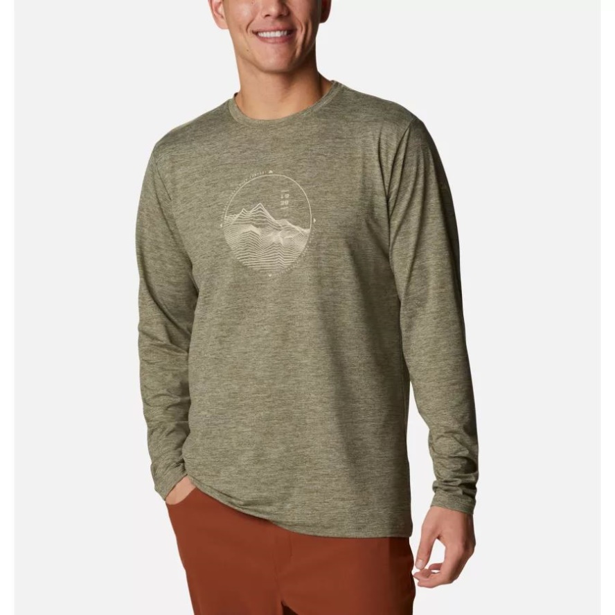Columbia Sale Men's Tech Trail Technical Long Sleeve T-Shirt Stone Green Heather/Rounded Contour Gra