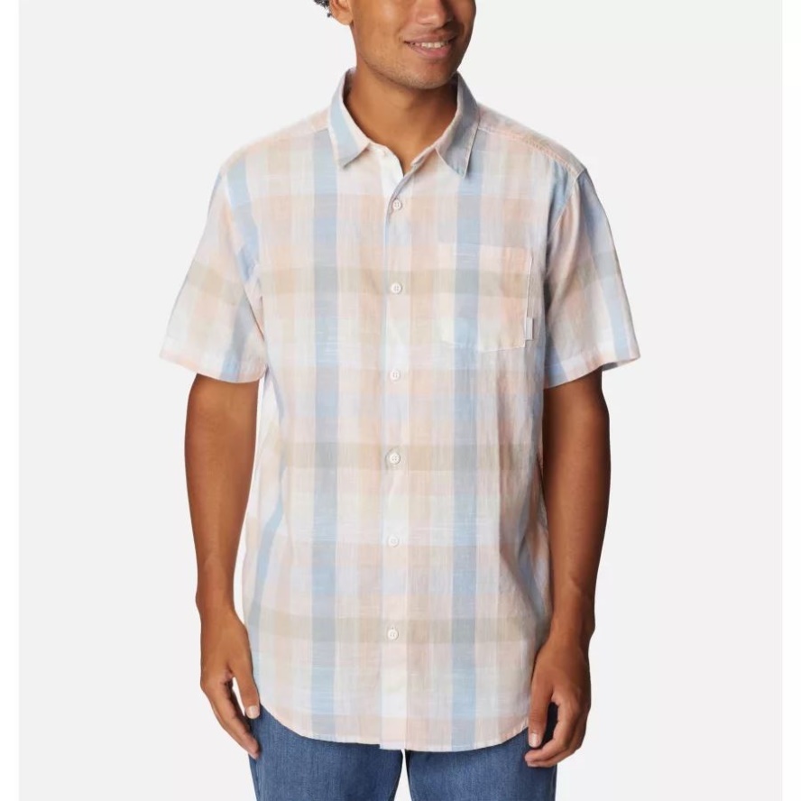 Columbia Sale Men's Under Exposure Yarn-Dye Short Sleeve Shirt Purple Tint Buffalo