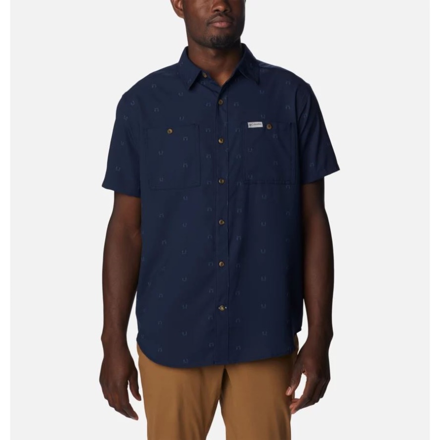 Columbia Sale Men's Utilizer Printed Woven Short Sleeve Shirt Collegiate Navy Hammocked
