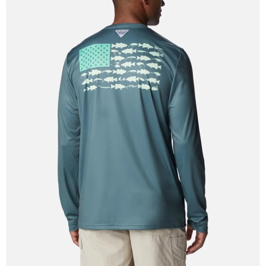 Columbia Sale Metal/Key West Bass Lures Men's PFG Terminal Tackle Fish Flag Long Sleeve Shirt Tall