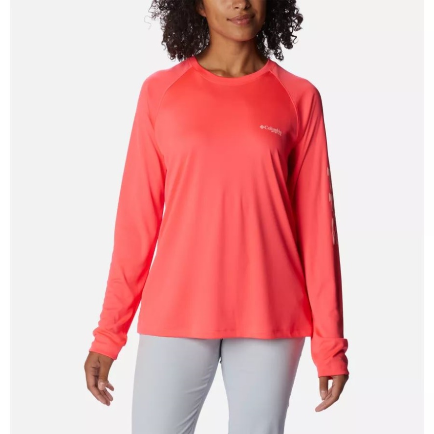 Columbia Sale Neon Sunrise/Tiki Pink Logo Women's PFG Tidal Tee II Long Sleeve Shirt