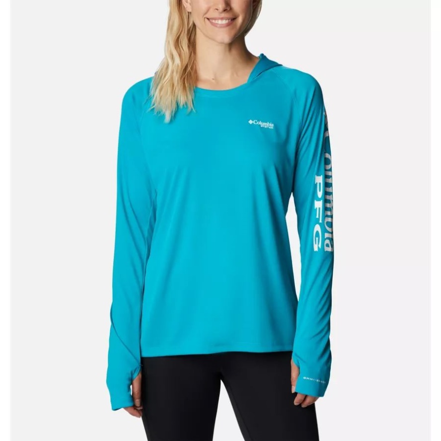 Columbia Sale Ocean Teal/White Logo Women's PFG Tidal Tee Hoodie