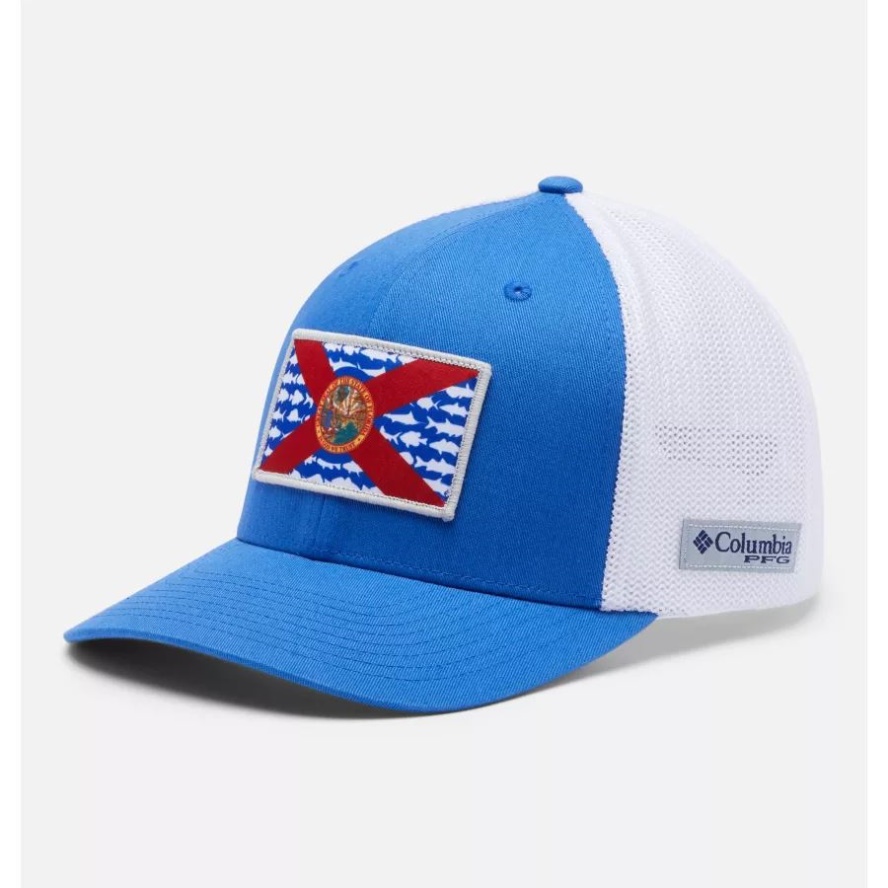 Columbia Sale PFG Fish Flag Mesh Ball Cap High Crown Vivid Blue/White/Florida Fish Flag