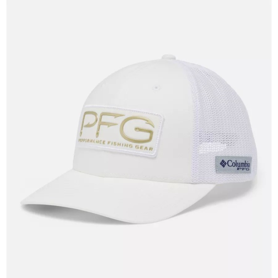 Columbia Sale PFG Hooks Mesh Ball Cap Mid Crown White/Gold