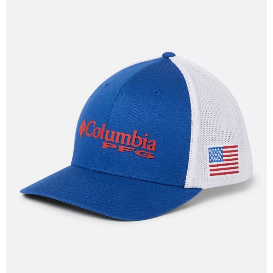 Columbia Sale PFG Logo Mesh Ball Cap Mid Crown Mountain Blue/US Flag