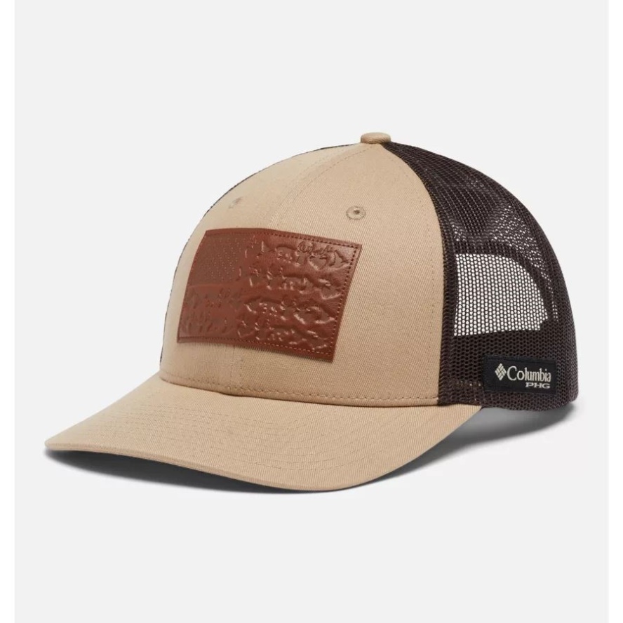 Columbia Sale PHG Leather Game Flag Snap Back Cap- Mid Crown Sahara/Cordovan
