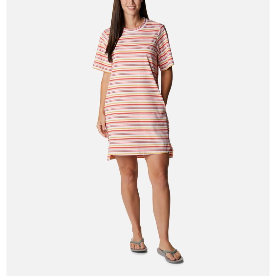 Columbia Sale Red Hibiscus Climate Change Stripe Women's Sun Trek T-Shirt Dress