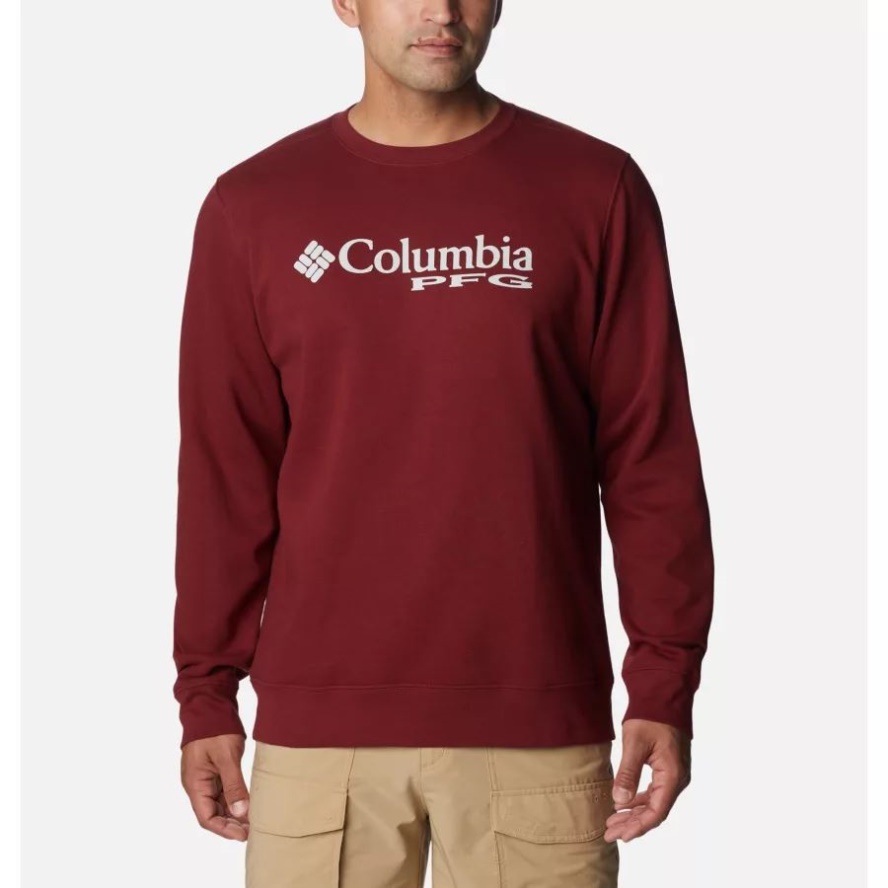 Columbia Sale Red Jasper/Cool Grey Men's PFG Stacked Logo Crew Sweatshirt