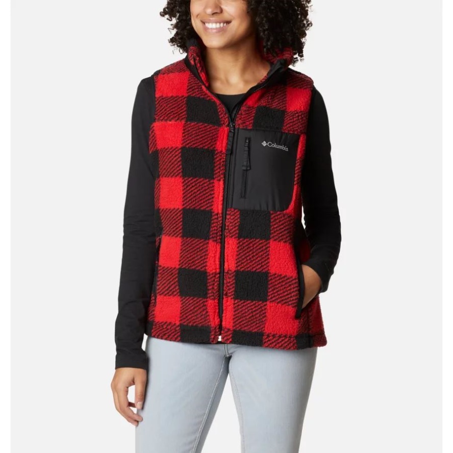Columbia Sale Red Lily Check Print Women's West Bend Sherpa Fleece Gilet