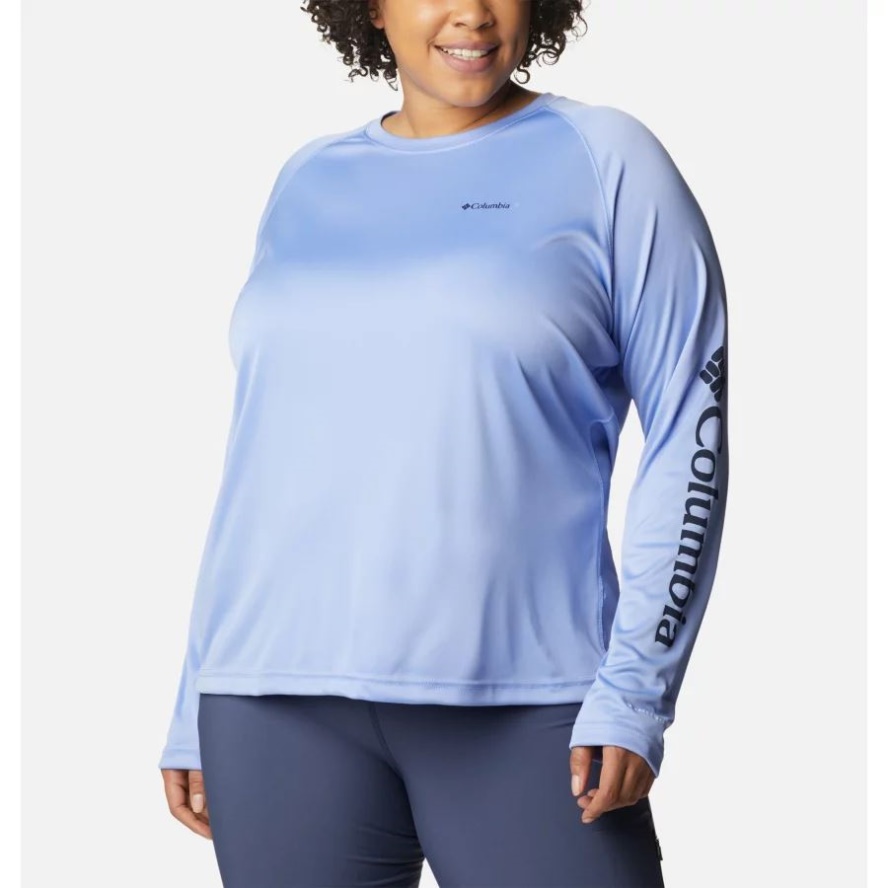 Columbia Sale Serenity/Dark Nocturnal Logo Women's Fork Stream Long Sleeve Shirt Plus Size