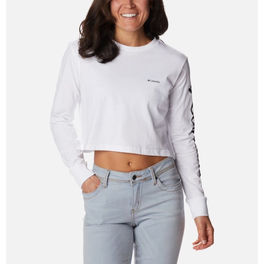 Columbia Sale White/Black Women's North Cascades Graphic Cropped Long Sleeve T-Shirt