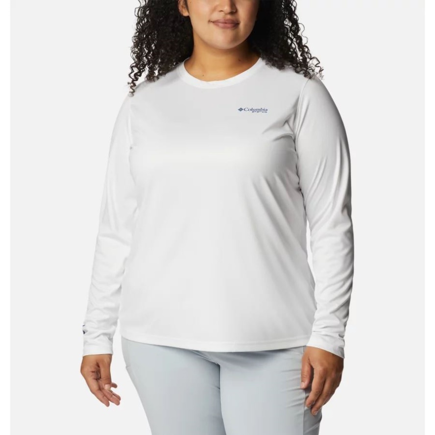 Columbia Sale White/Bluestone Aurora Fish Women's PFG Tidal Tee Sailfish Flair Long Sleeve Shirt Plus Size