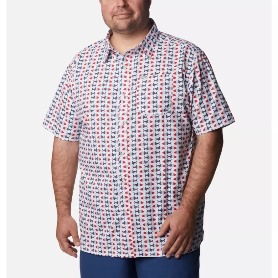 Columbia Sale White Fish Bobber Print Men's PFG Super Slack Tide Camp Shirt Big
