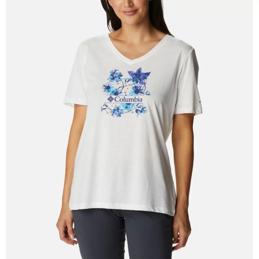Columbia Sale White/Jubilant Escape Graphic Women's Bluebird Day Relaxed V-Neck Shirt