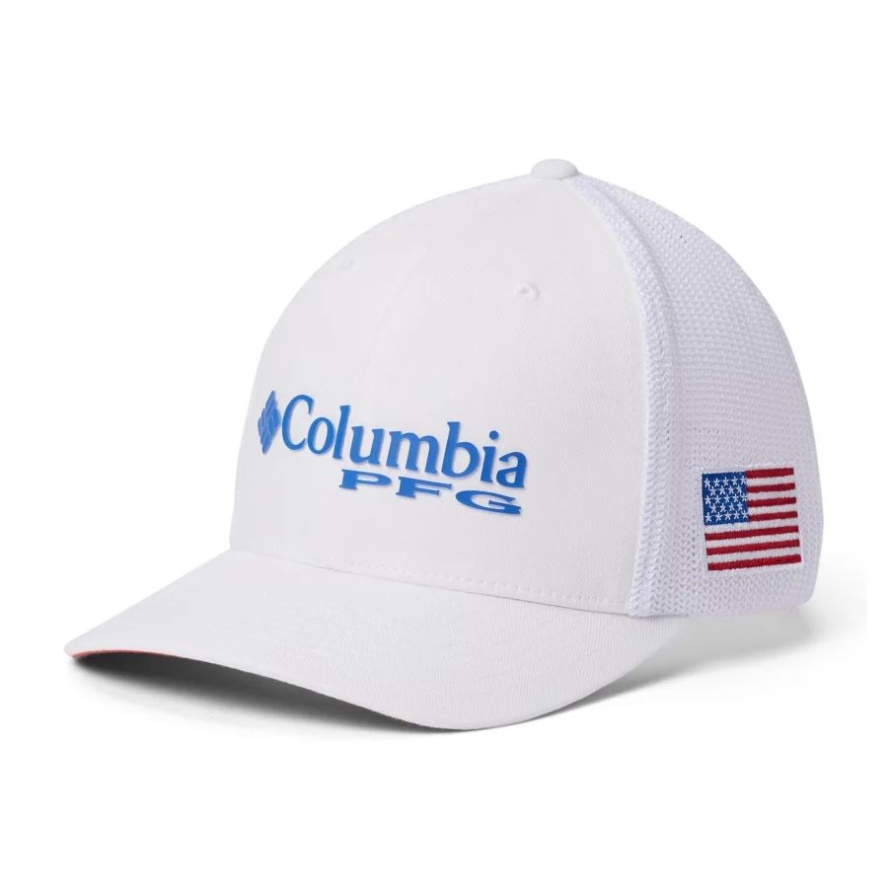 Columbia Sale White/Vivid Blue/USA flag PFG Logo Mesh Ball Cap Mid Crown