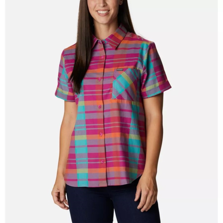 Columbia Sale Women's Anytime Casual Stretch Short Sleeve Shirt Wild Fuchsia Madras