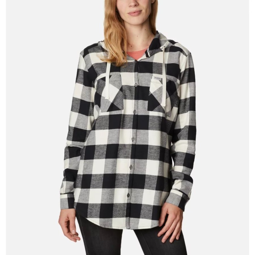 Columbia Sale Women's Anytime Stretch Hooded Long Sleeve Shirt Chalk Buffalo Check