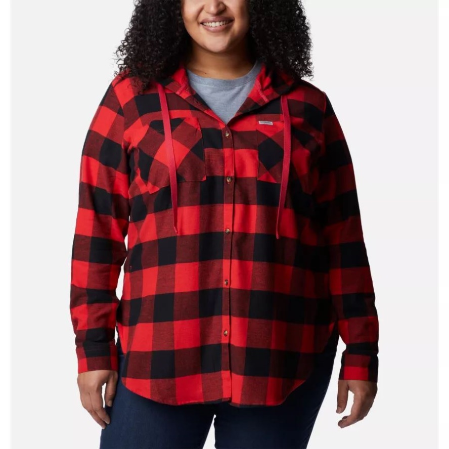 Columbia Sale Women's Anytime Stretch Hooded Long Sleeve Shirt Plus Size Red Lily Buffalo Check