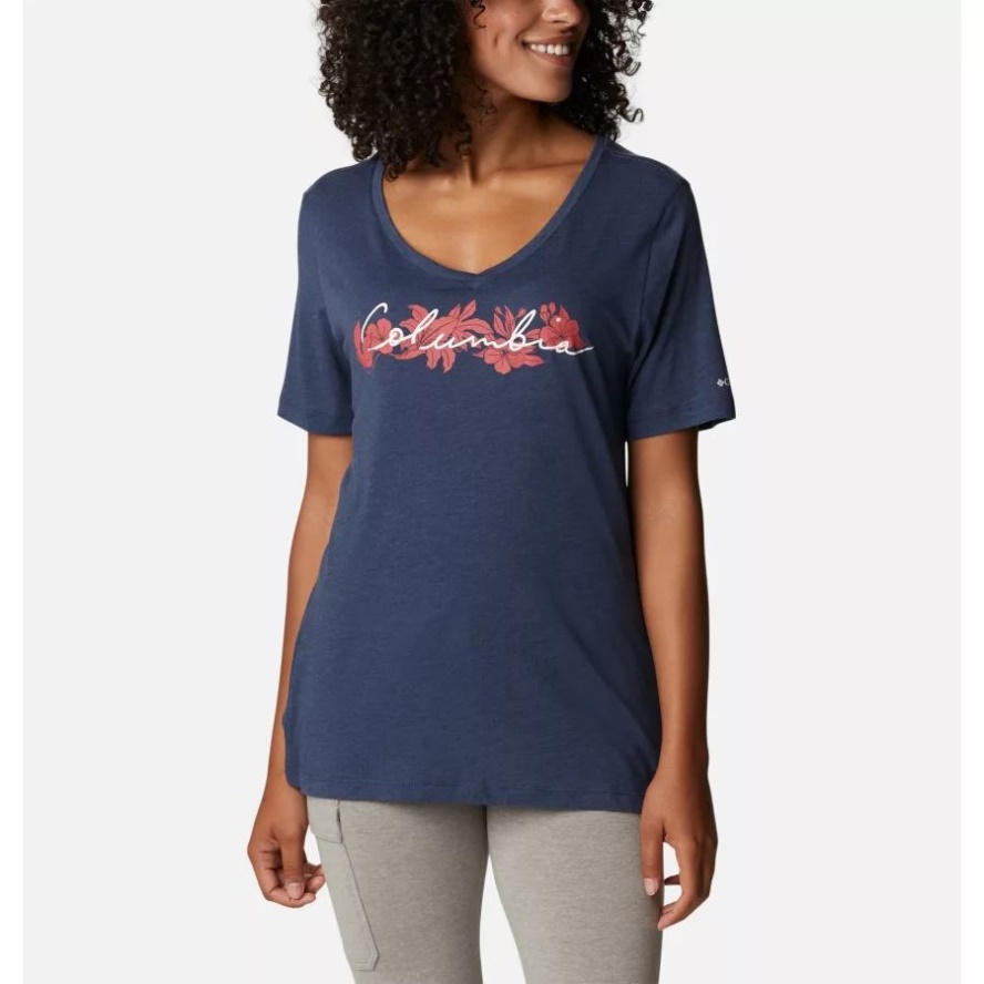 Columbia Sale Women's Bluebird Day Relaxed V-Neck Shirt Nocturnal Heather/Lakeshore Flora