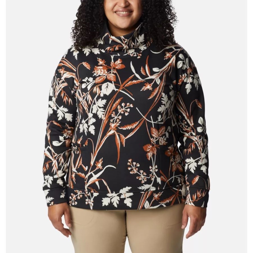Columbia Sale Women's Columbia Sale Lodge Funnel Pullover Plus Size Black Fallgrass Print