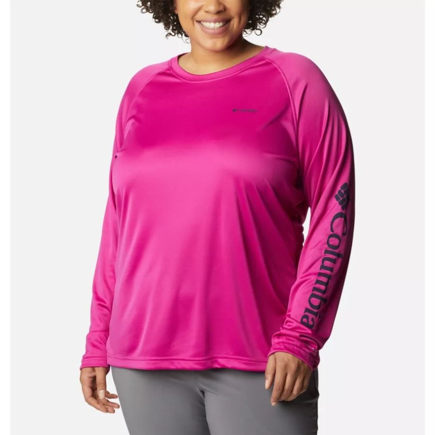 Columbia Sale Women's Fork Stream Long Sleeve Shirt Plus Size Wild Fuchsia/Dark Nocturnal Logo