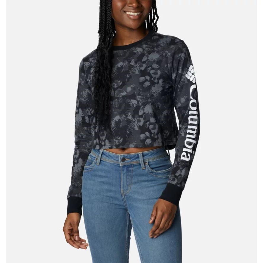Columbia Sale Women's North Cascades Long Sleeve Cropped Printed T-Shirt Black Solarized Print