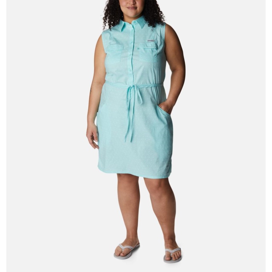 Columbia Sale Women's PFG Bonehead Stretch Sleeveless Dress Plus Size Gulf Stream Swiss Dot