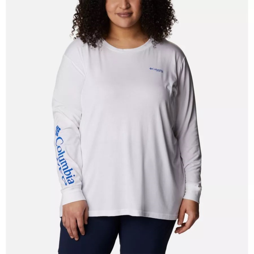 Columbia Sale Women's PFG Slack Water Graphic Long Sleeve Shirt Plus Size White/Blue Macaw Gradient