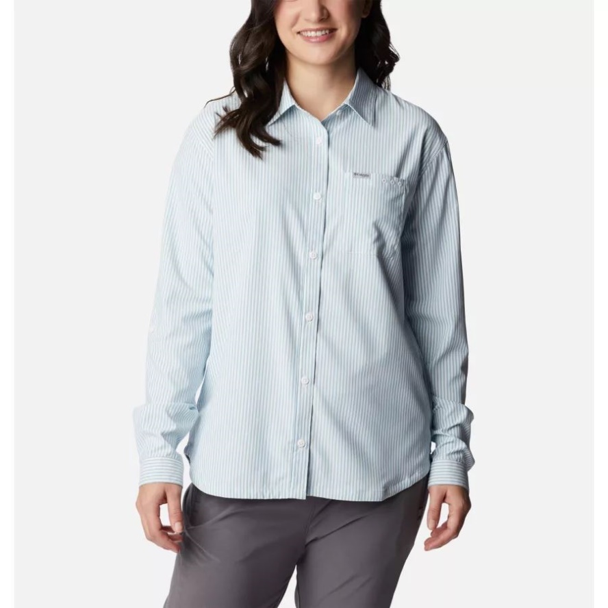 Columbia Sale Women's PFG Sun Drifter Woven Long Sleeve Shirt Sea Wave/Oxford Stripe