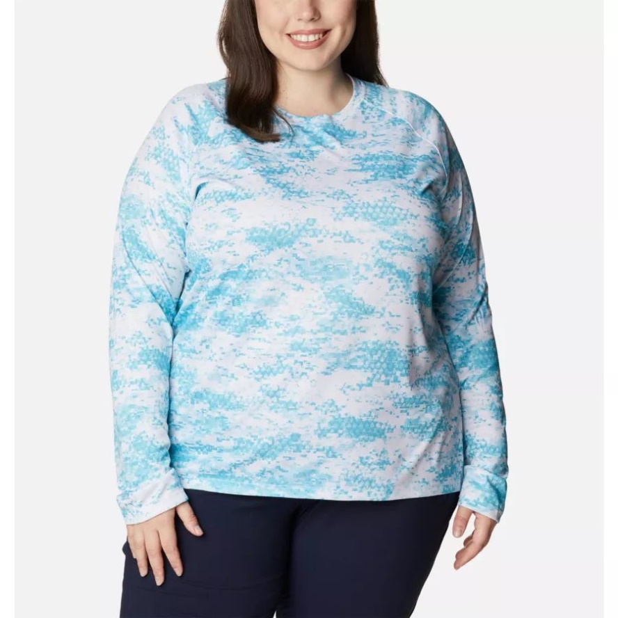 Columbia Sale Women's PFG Super Tidal Tee II Long Sleeve Shirt Plus Size Atoll PFG Camo Print