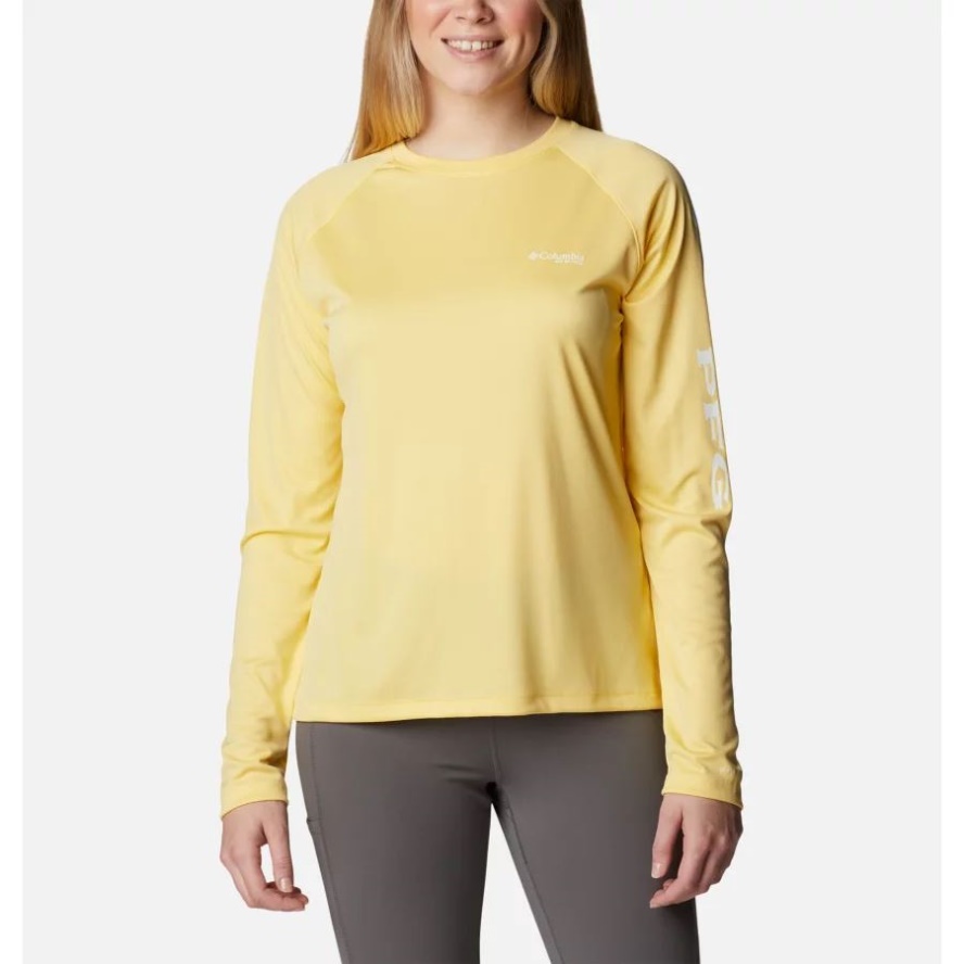 Columbia Sale Women's PFG Tidal Tee II Long Sleeve Shirt Sweet Corn/White Logo