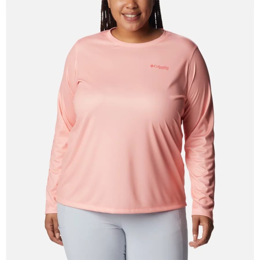 Columbia Sale Women's PFG Tidal Tee Island Time Long Sleeve Shirt Plus Size Tiki Pink/Neon Sunrise