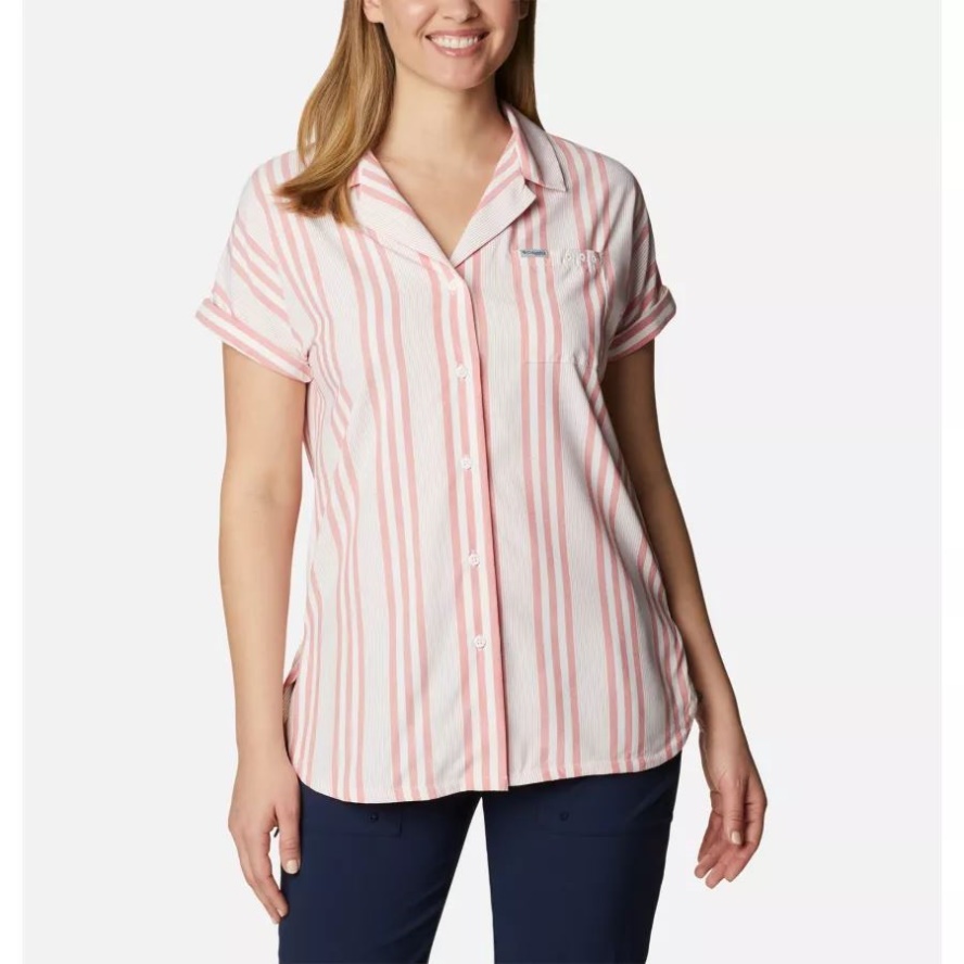 Columbia Sale Women's Sun Drifter Woven Short Sleeve Shirt Red Spark Stripe