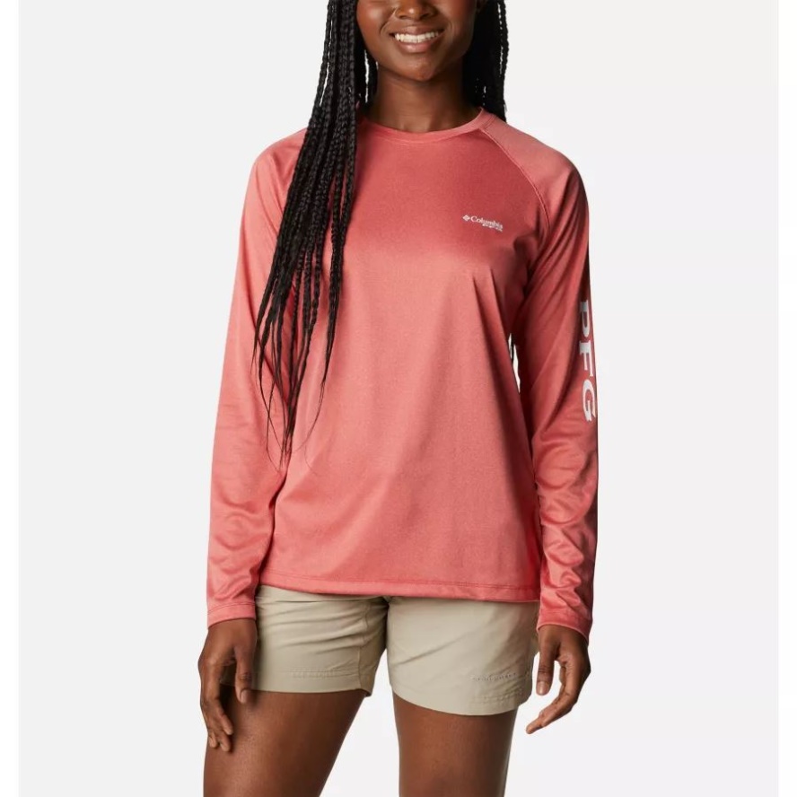 Columbia Sale Women's Tidal Tee PFG Heather Long Sleeve Red Spark Heather/White Logo