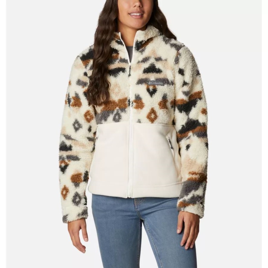 Columbia Sale Women's Winter Pass Sherpa Hooded Full Zip Fleece Jacket Chalk Rocky MT Print/Chalk