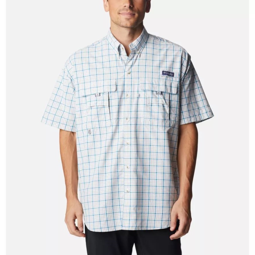 Cool Grey Gingham Grid Columbia Sale Men's PFG Super Bahama Short Sleeve Shirt