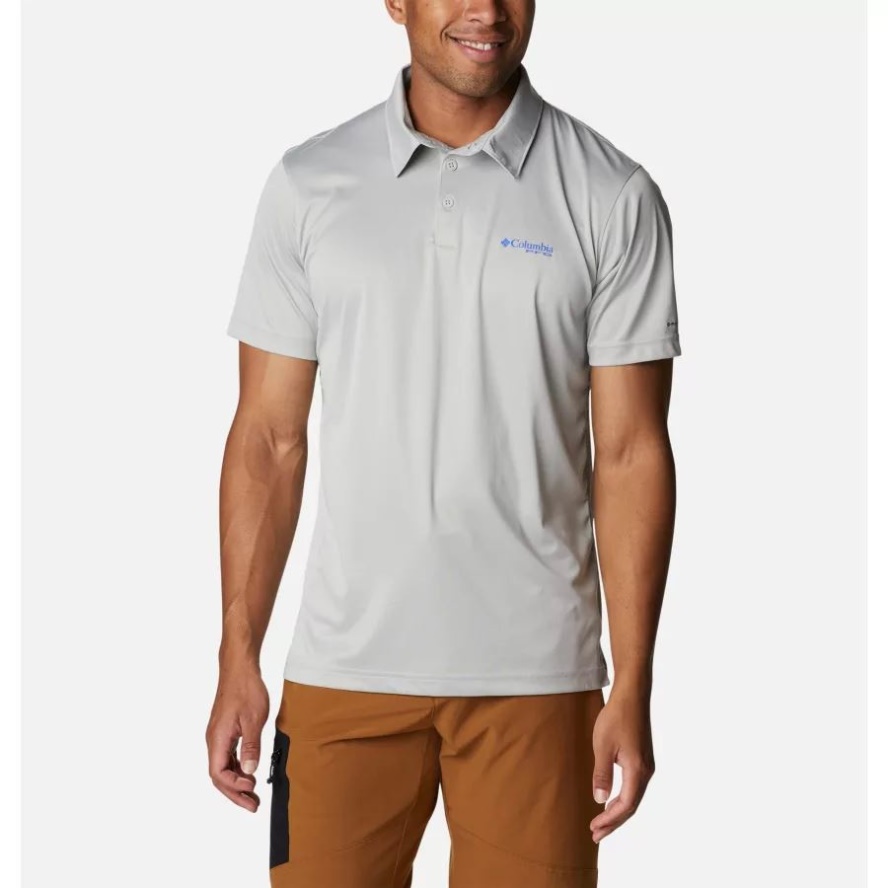 Cool Grey Heather/Vivid Blue Logo Men's PFG Terminal Tackle Heather Polo Columbia Sale