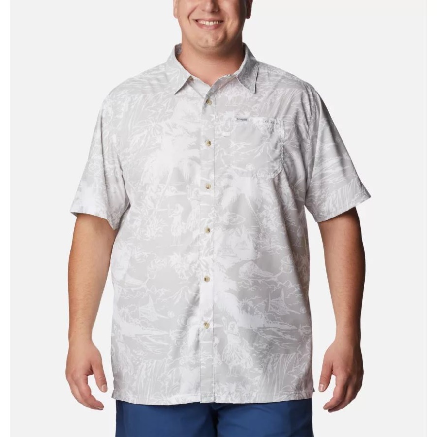 Cool Grey Hula Fish Print Men's PFG Super Slack Tide Camp Shirt Big Columbia Sale