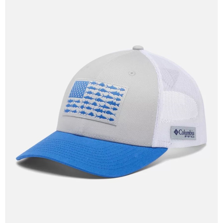 Cool Grey/White/Vivid Blue Columbia Sale PFG Fish Flag Mesh Snapback Mid Crown
