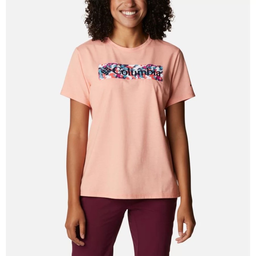 Coral Reef Heather/Typhoon Bloom Frame Columbia Sale Women's Sun Trek Technical Graphic T-Shirt