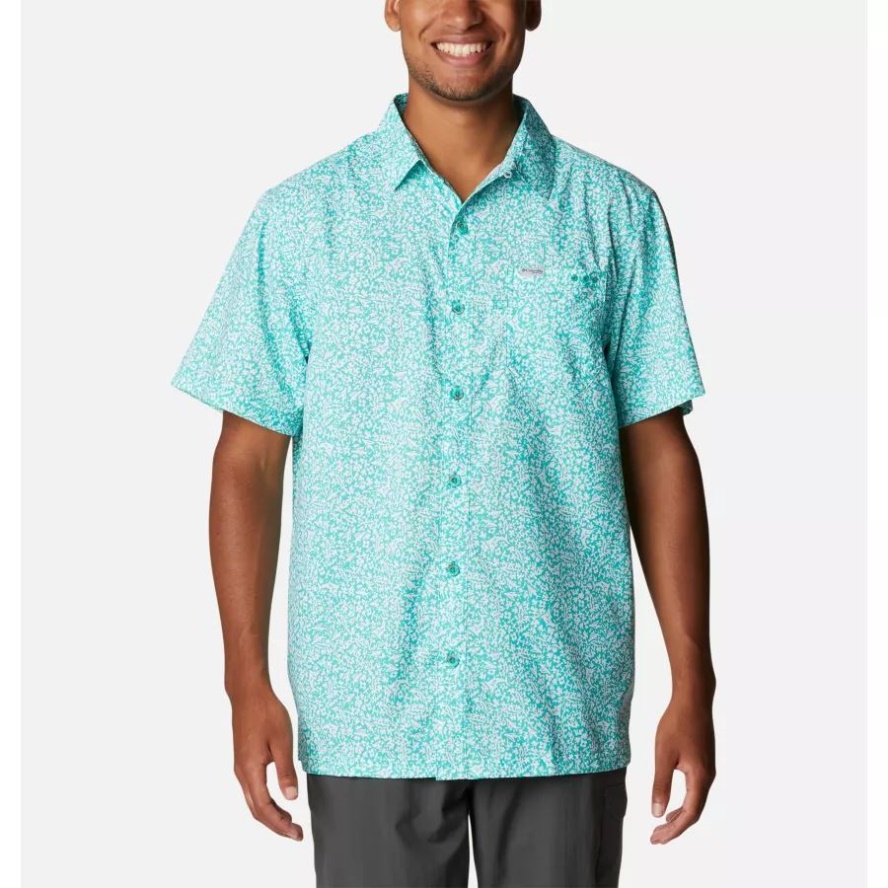 Electric Turquoise Deepsea Medley Men's PFG Super Slack Tide Camp Shirt Columbia Sale