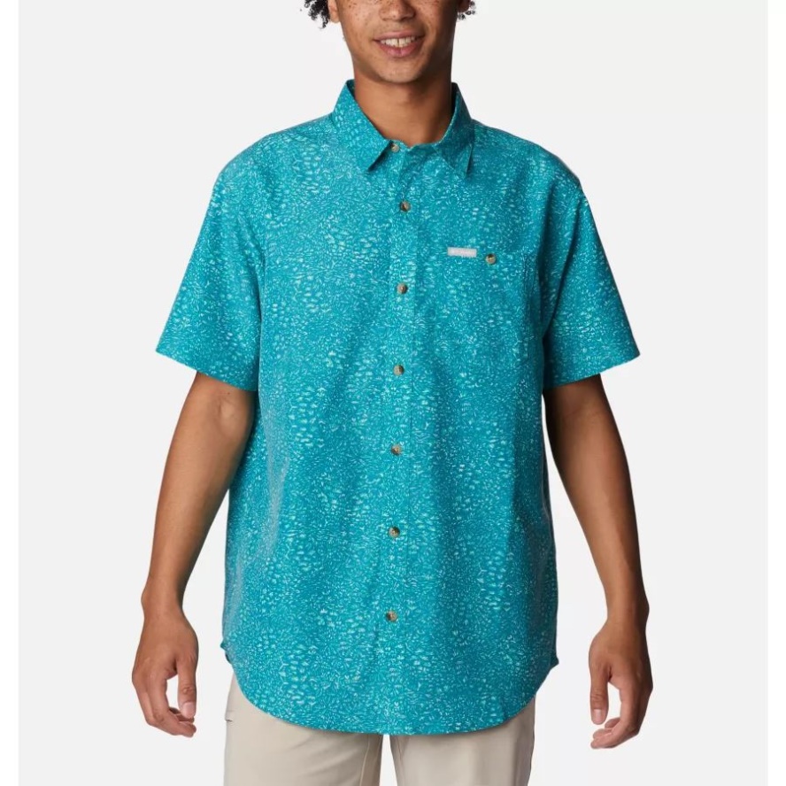 Electric Turquoise Tiny Jungles Columbia Sale Men's Captree Island Short Sleeve Shirt