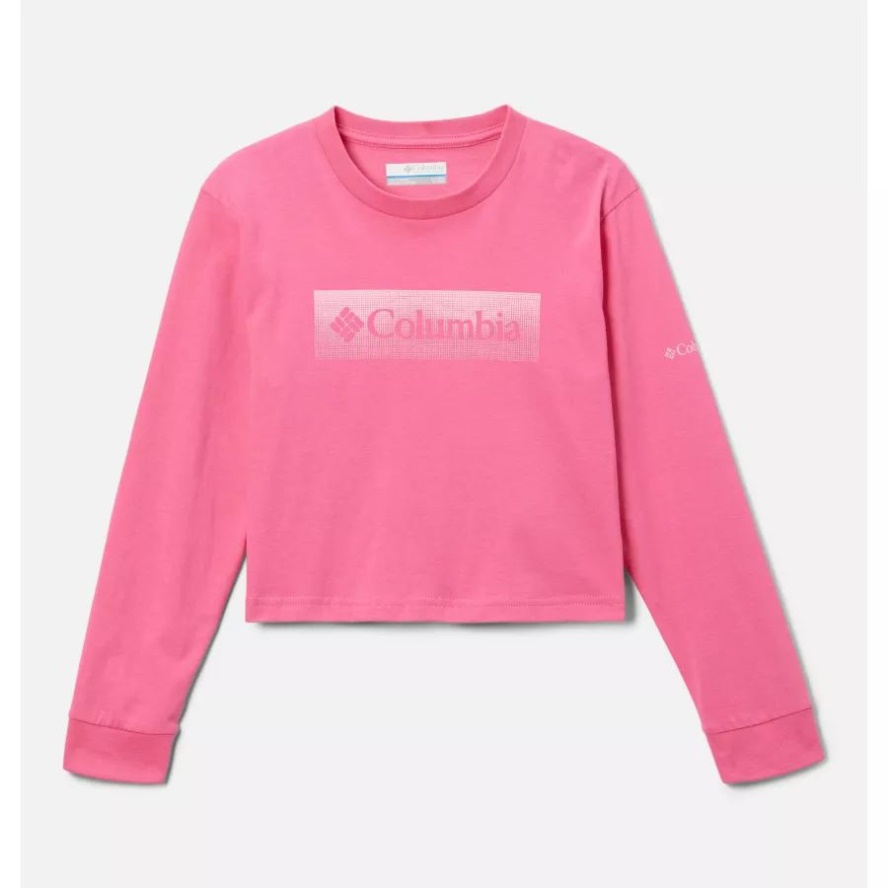 Girls' Mission Lake Boxy Long Sleeve Shirt Wild Geranium/Framed Halftone Logo Grx Columbia Sale